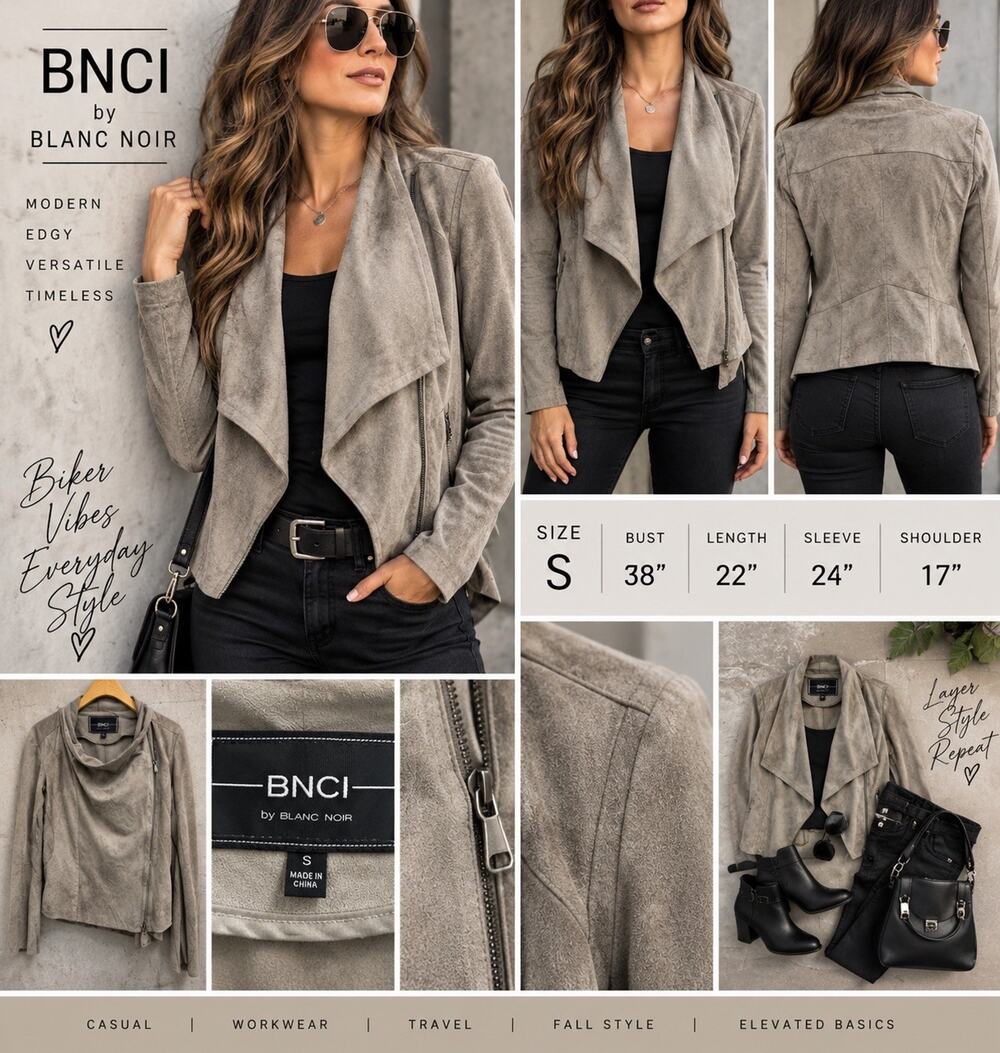 BNCI Blanc Noir Women Small Faux Suede Moto Jacket Taupe Asymmetrical Zip Biker